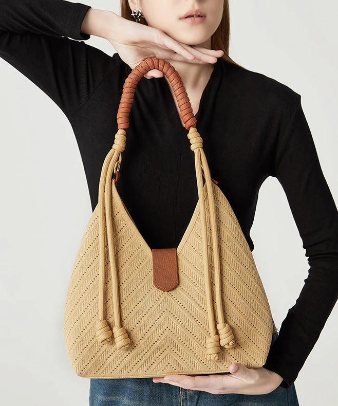 Art Khaki Hollow Out Tasseled Woven Shoulder Bags - Image 3