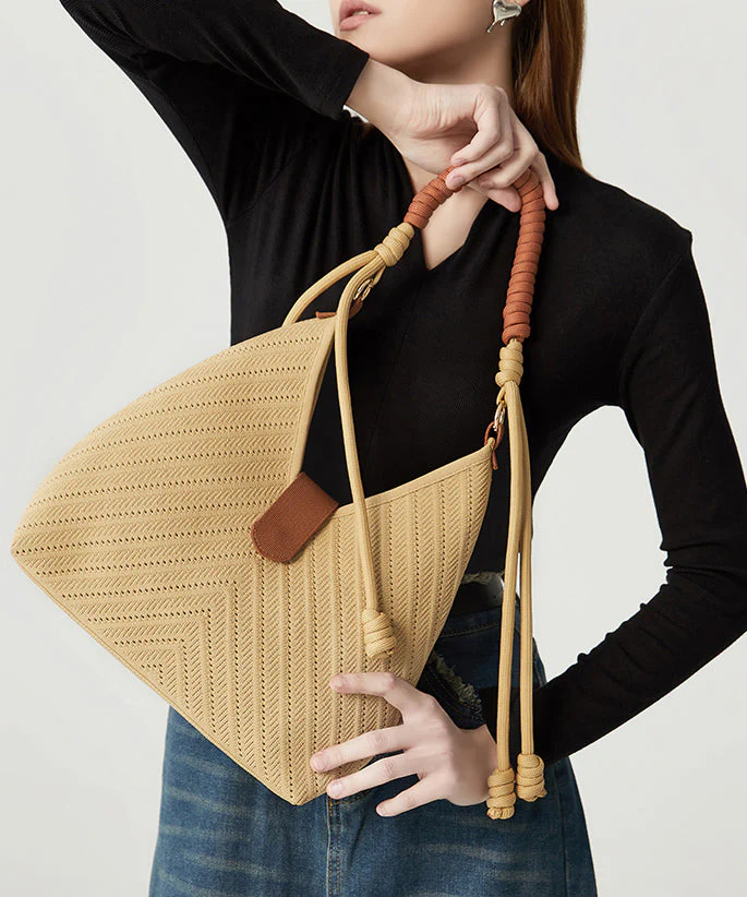 Art Khaki Hollow Out Tasseled Woven Shoulder Bags - Image 4