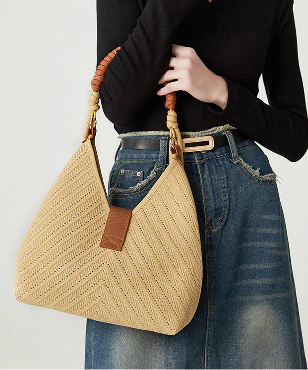 Art Khaki Hollow Out Tasseled Woven Shoulder Bags - Image 5