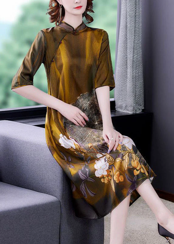 Art Khaki Mandarin Collar Print Silk Dresses Half Sleeve - Image 2