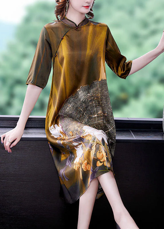 Art Khaki Mandarin Collar Print Silk Dresses Half Sleeve - Image 3