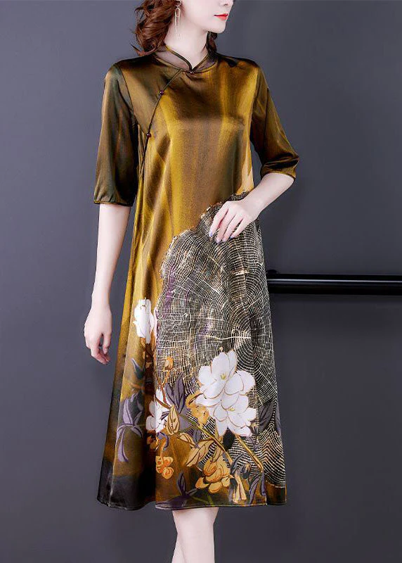 Art Khaki Mandarin Collar Print Silk Dresses Half Sleeve - Image 4