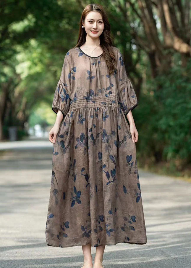 Art Khaki O Neck Wrinkled Print Patchwork Long Linen Dress Summer - Image 2