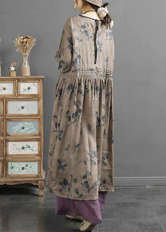 Art Khaki O Neck Wrinkled Print Patchwork Long Linen Dress Summer - Image 3