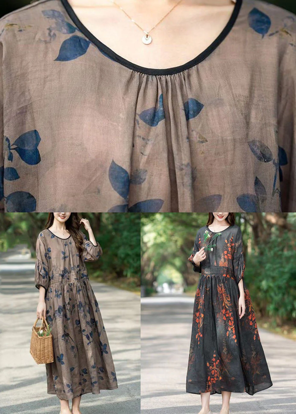 Art Khaki O Neck Wrinkled Print Patchwork Long Linen Dress Summer - Image 5