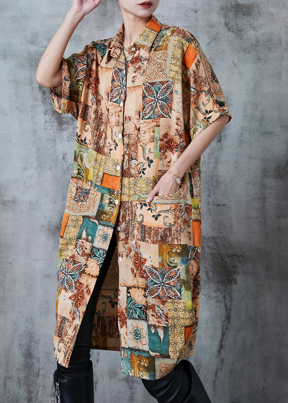 Art Khaki Oversized Print Chiffon Shirt Dress Summer - Image 2