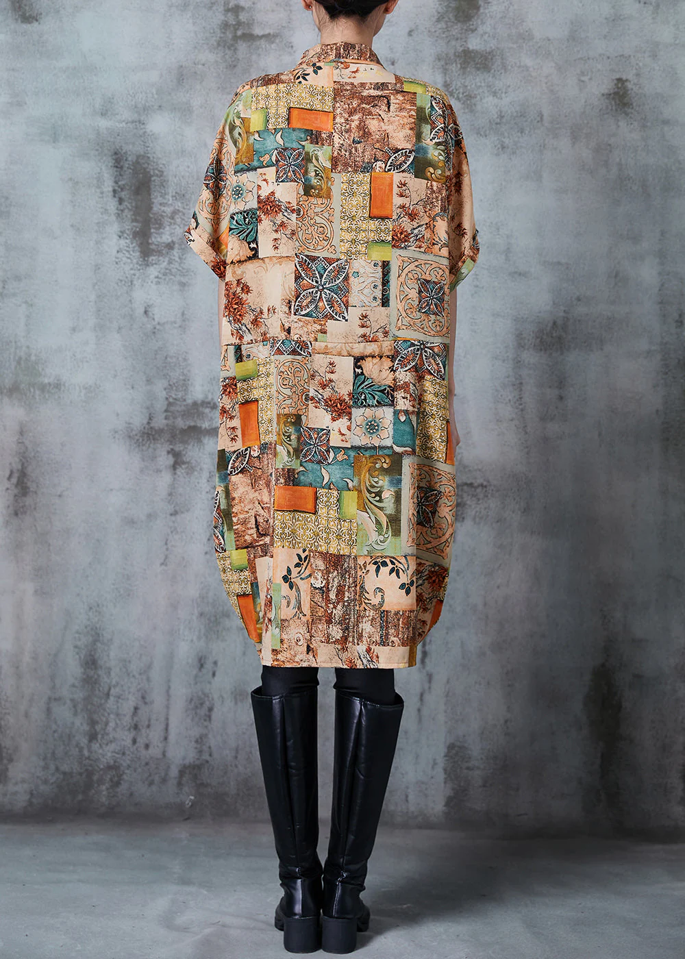 Art Khaki Oversized Print Chiffon Shirt Dress Summer - Image 4