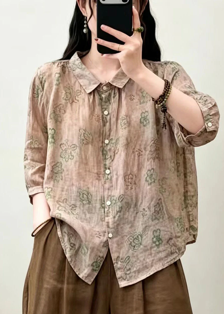 Art Khaki Oversized Print Linen Loose Shirts Summer - Image 2