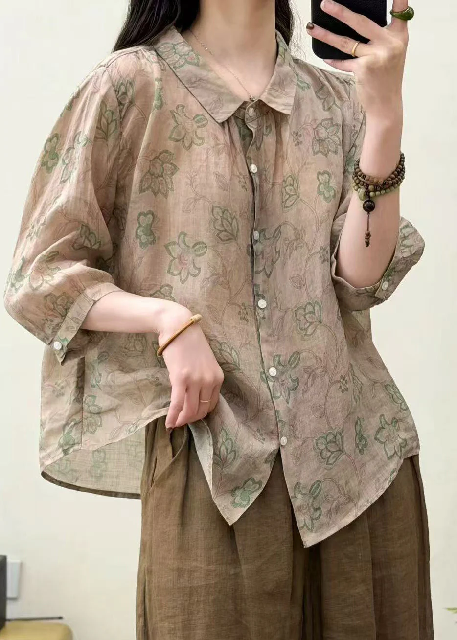 Art Khaki Oversized Print Linen Loose Shirts Summer - Image 3