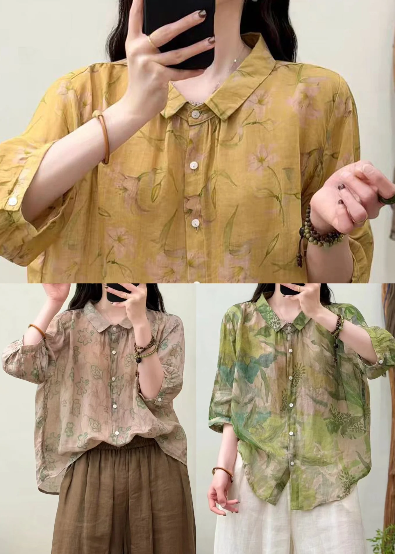 Art Khaki Oversized Print Linen Loose Shirts Summer - Image 5