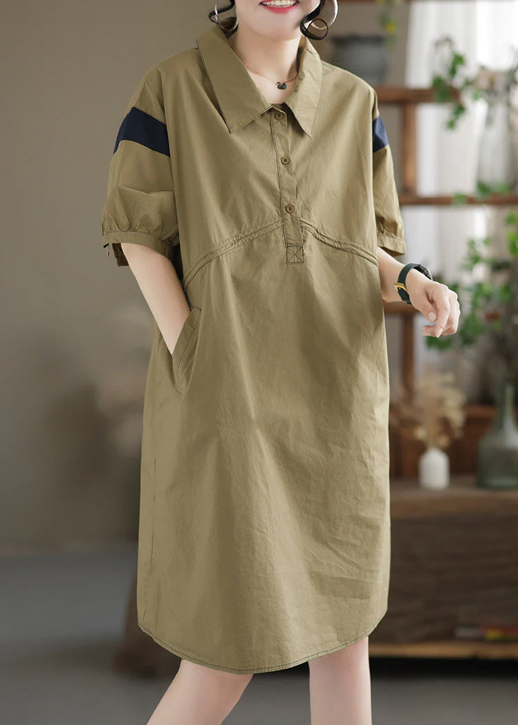 Art Khaki Patchwork Button Cotton Mid Dress Summer - Image 2