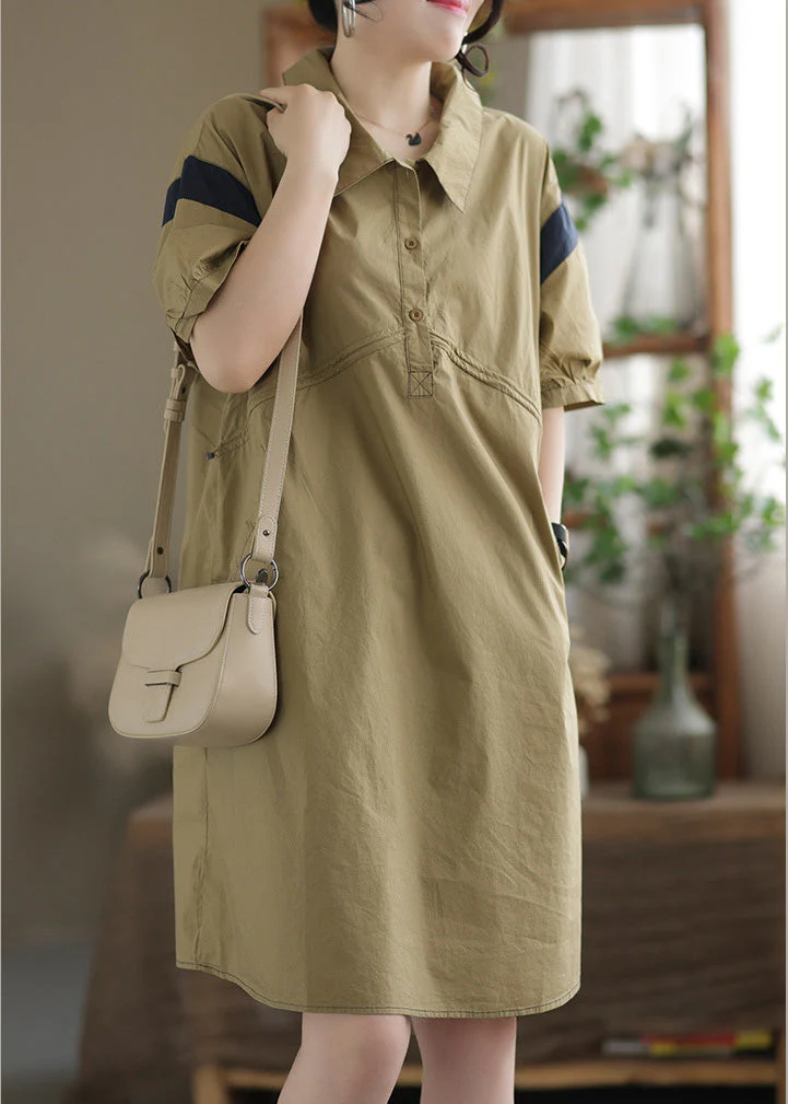 Art Khaki Patchwork Button Cotton Mid Dress Summer - Image 3