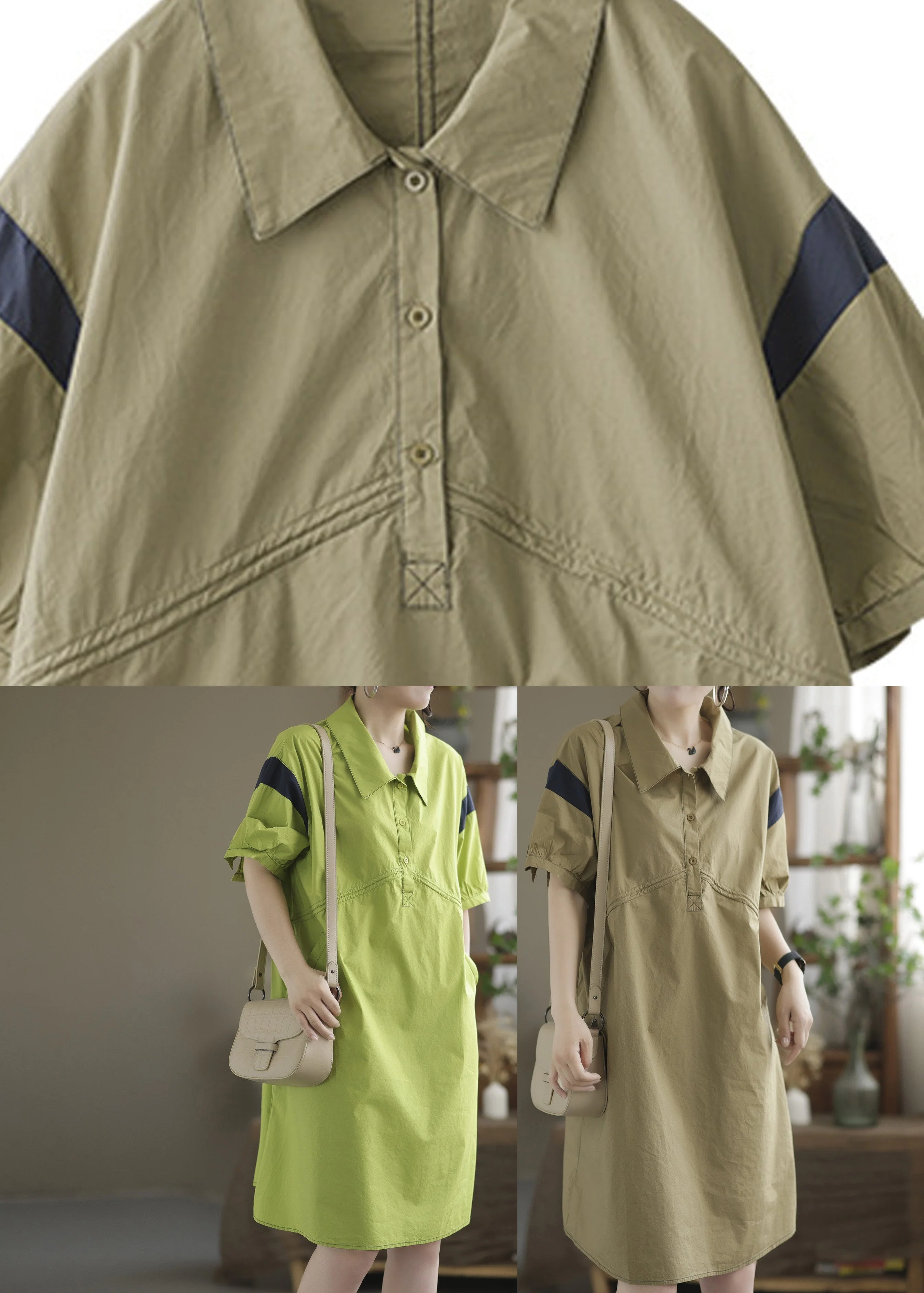 Art Khaki Patchwork Button Cotton Mid Dress Summer - Image 4