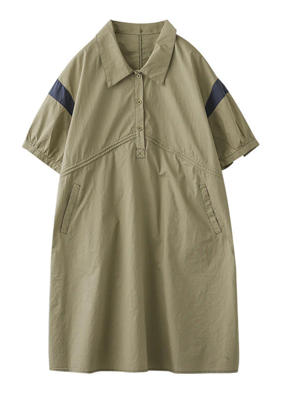 Art Khaki Patchwork Button Cotton Mid Dress Summer - Image 5
