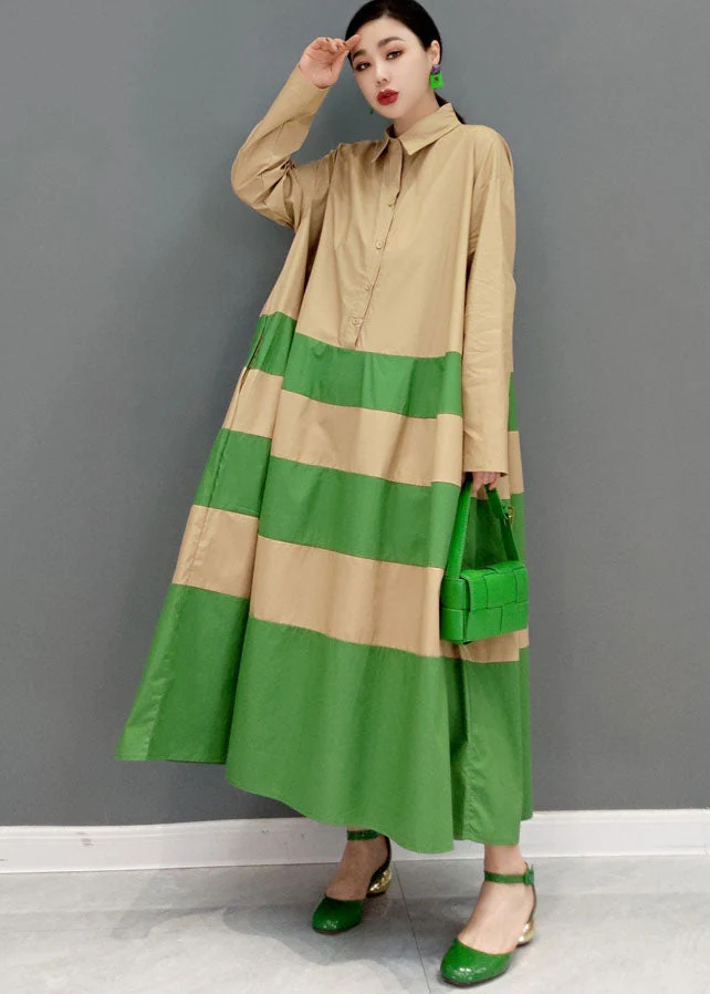 Art Khaki Peter Pan Collar Patchwork Striped Cotton Loose Shirt Dresses Long Sleeve - Image 2
