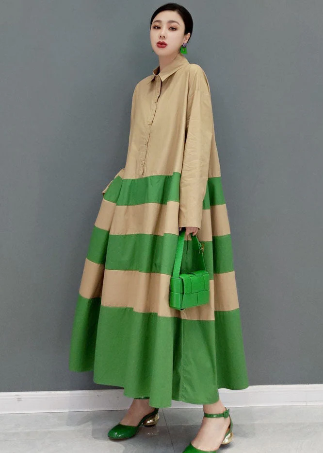 Art Khaki Peter Pan Collar Patchwork Striped Cotton Loose Shirt Dresses Long Sleeve - Image 3