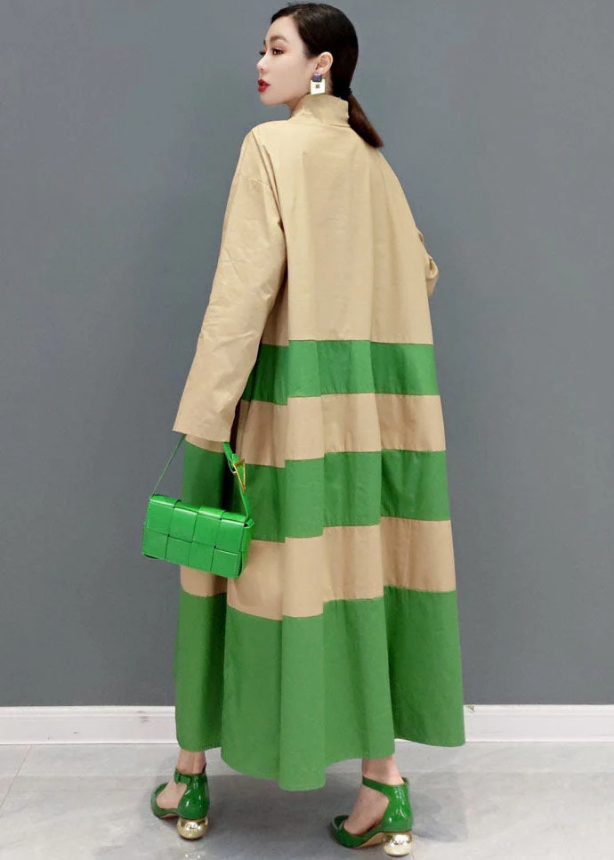 Art Khaki Peter Pan Collar Patchwork Striped Cotton Loose Shirt Dresses Long Sleeve - Image 4