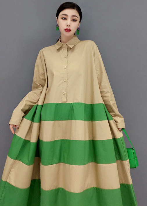 Art Khaki Peter Pan Collar Patchwork Striped Cotton Loose Shirt Dresses Long Sleeve - Image 5