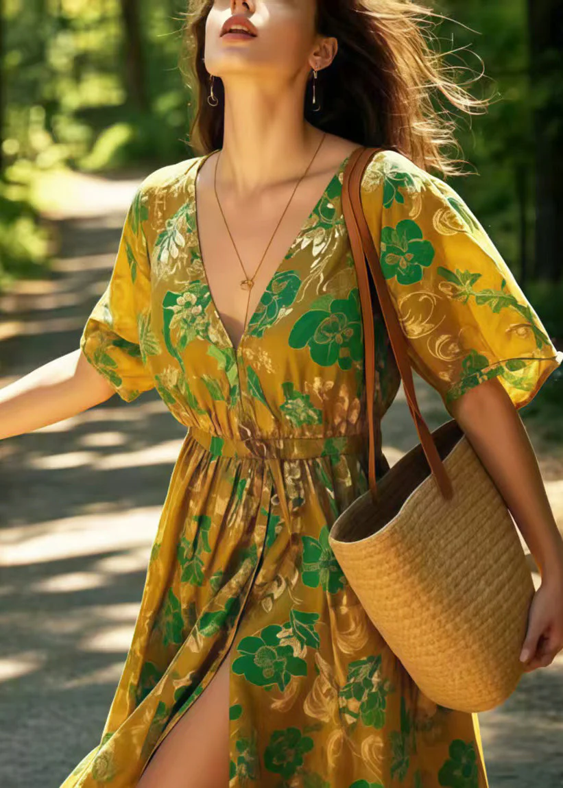 Art Khaki Print Cotton Vacation Dress Side Open Summer - Image 2