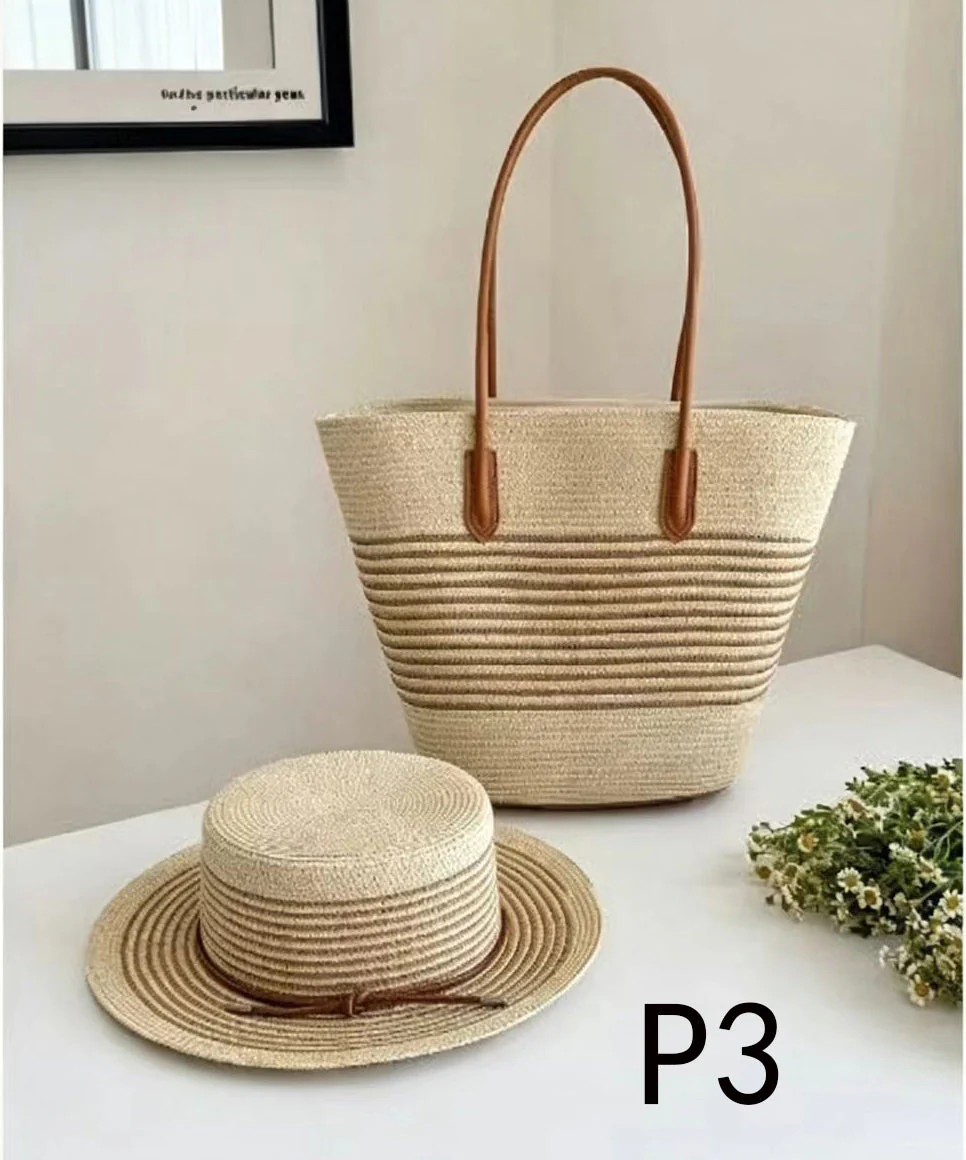 Art Khaki Striped Large Capacity Straw Woven Floppy Sun Hat And Shoulder Handbag Two Pieces Set - Image 3