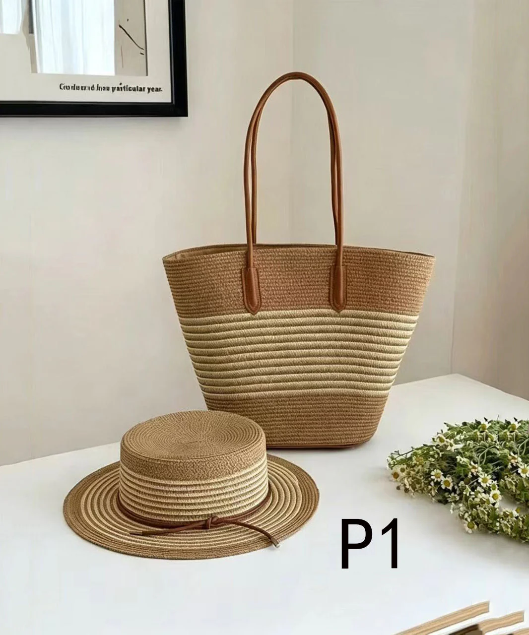 Art Khaki Striped Large Capacity Straw Woven Floppy Sun Hat And Shoulder Handbag Two Pieces Set - Image 4
