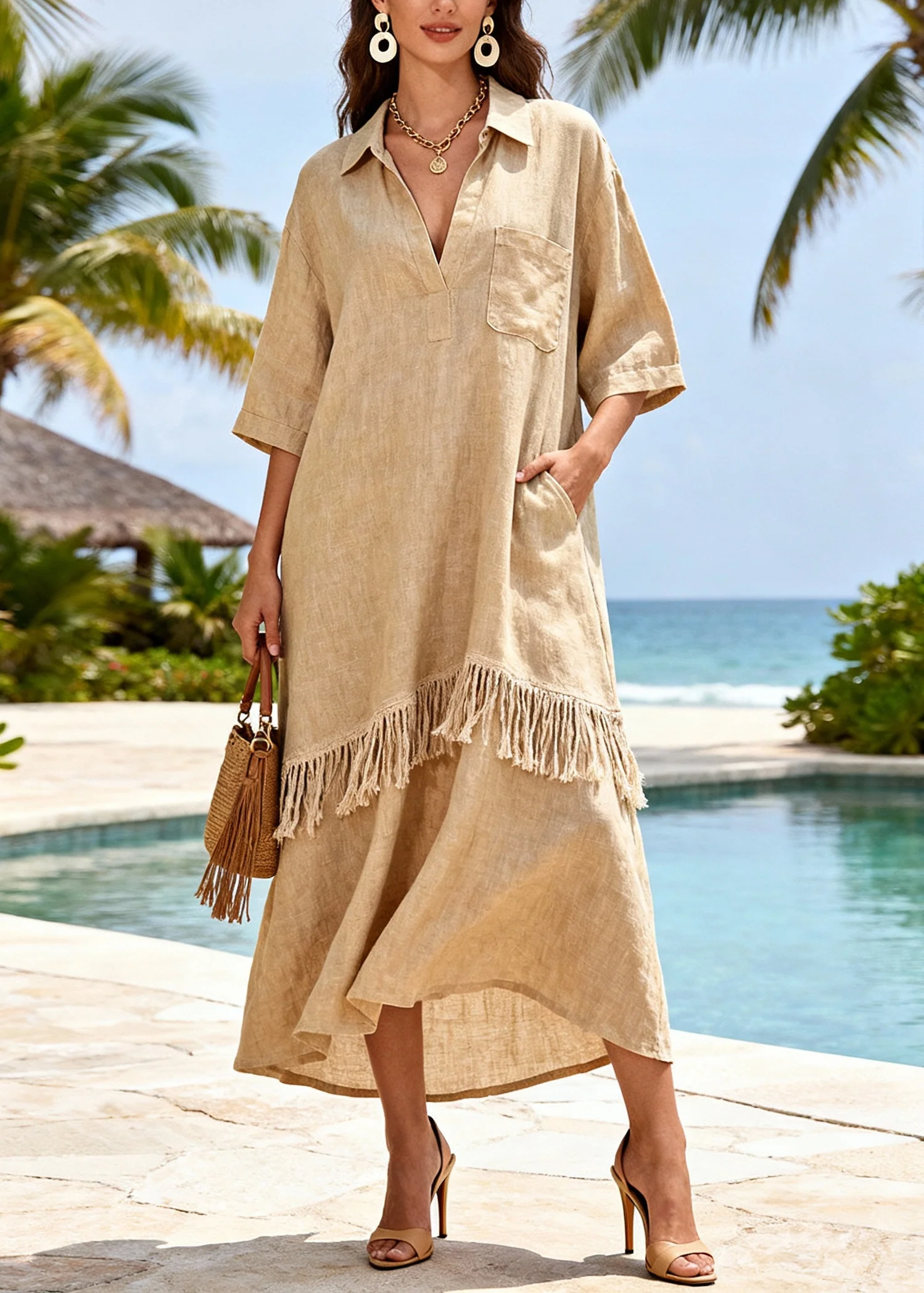 Art Khaki Tasseled Patchwork Linen Long Dresses Half Sleeve - Image 5