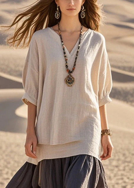 Art Khaki V Neck Patchwork Cotton Robe Dresses Summer - Image 2