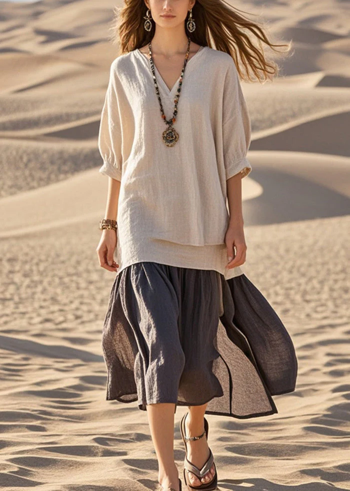 Art Khaki V Neck Patchwork Cotton Robe Dresses Summer - Image 3