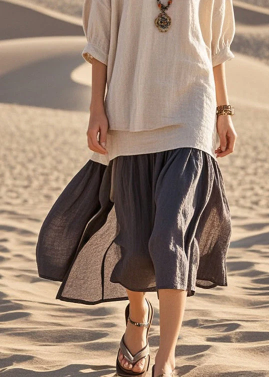 Art Khaki V Neck Patchwork Cotton Robe Dresses Summer - Image 4