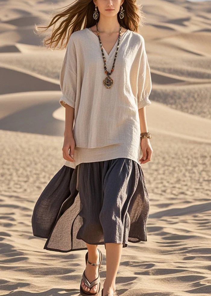 Art Khaki V Neck Patchwork Cotton Robe Dresses Summer - Image 5