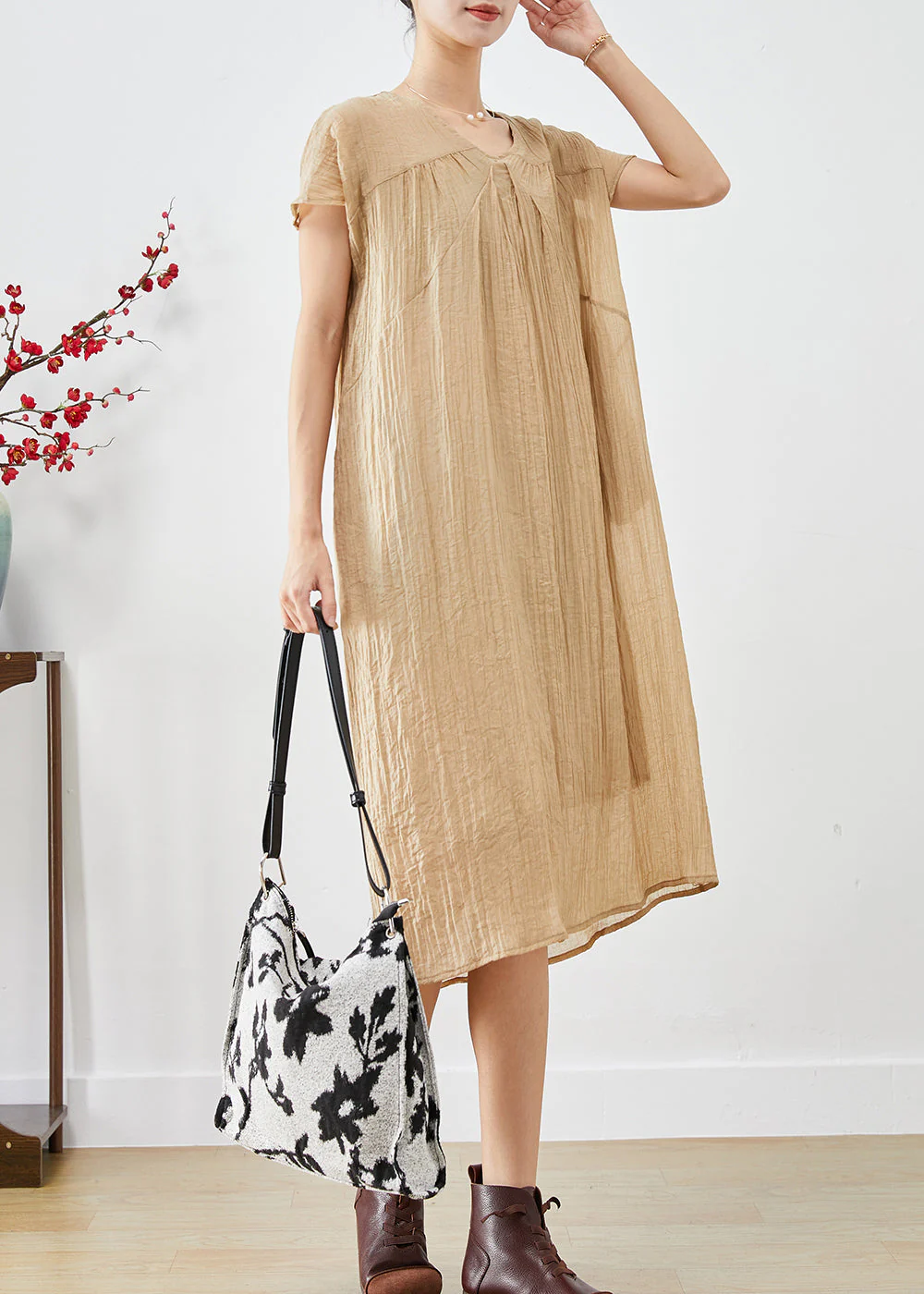 Art Khaki V Neck Wrinkled Cotton Maxi Dresses Summer - Image 2