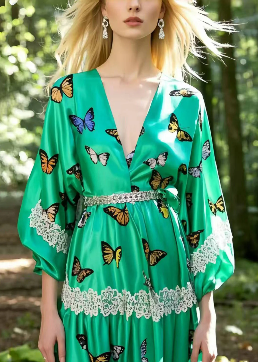 Art Lake Green Butterfly Silk Holiday Dress Summer - Image 2