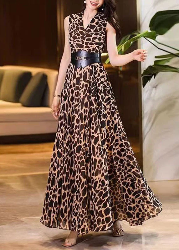 Art Leopard Print V Neck Sashes Chiffon Long Dresses Summer - Image 2