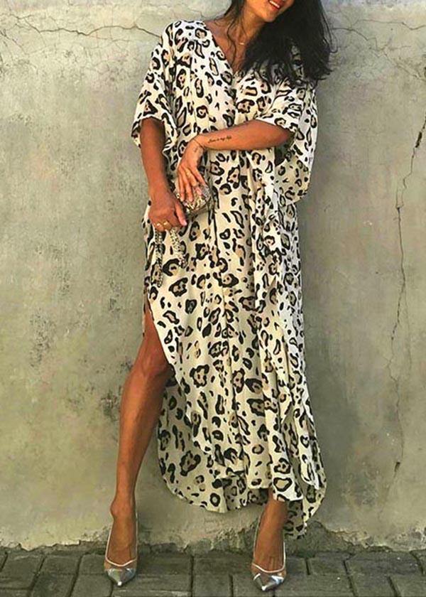Art Leopard tie waist Cotton Dress Summer Beach Gown - Image 3