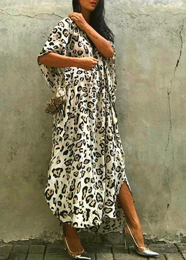 Art Leopard tie waist Cotton Dress Summer Beach Gown - Image 4