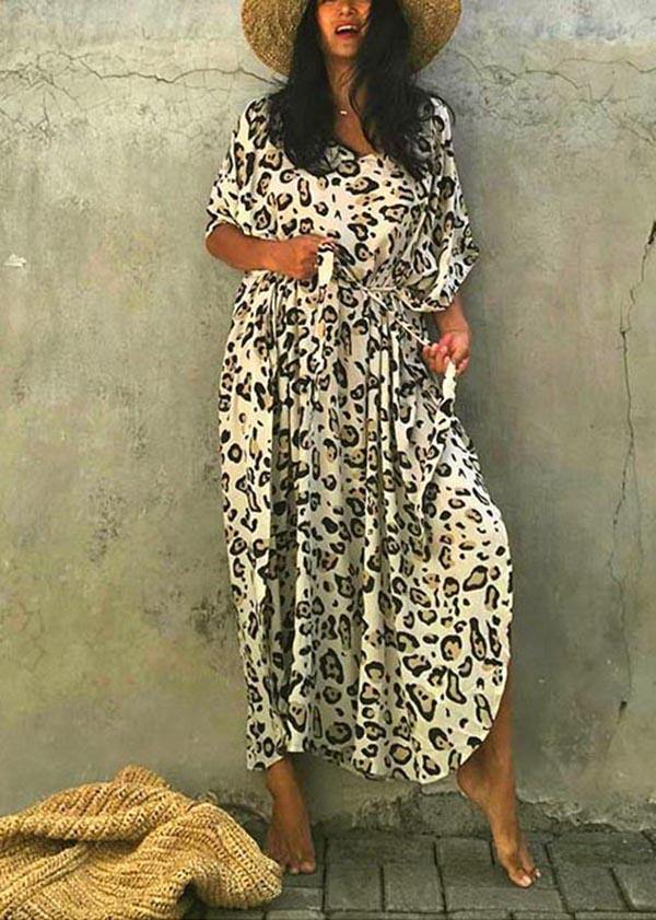 Art Leopard tie waist Cotton Dress Summer Beach Gown - Image 5