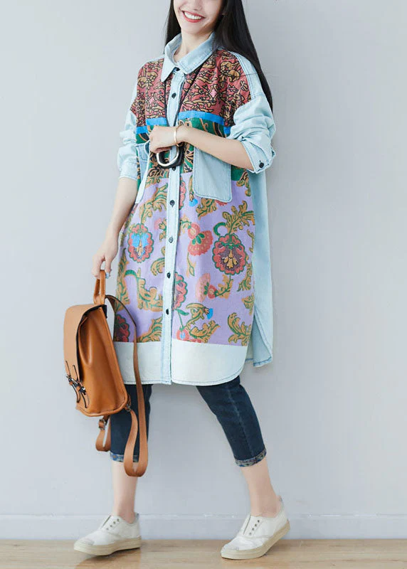 Art light Blue pockets side open Print denim shirt Dresses Spring - Image 3