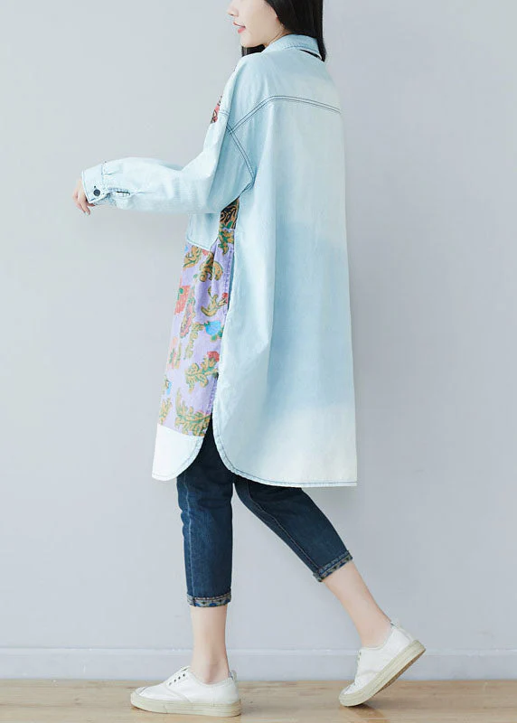 Art light Blue pockets side open Print denim shirt Dresses Spring - Image 5