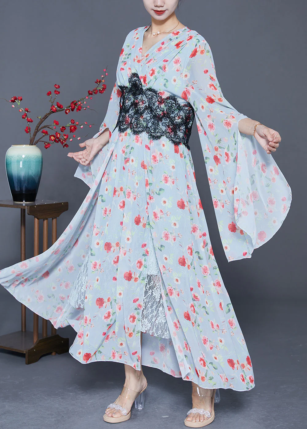 Art Light Blue Print Patchwork Lace Exra Large Hem Chiffon Beach Dress Flare Sleeve - Image 2