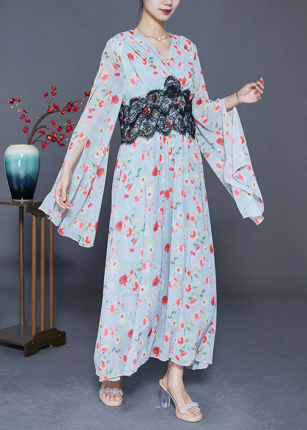 Art Light Blue Print Patchwork Lace Exra Large Hem Chiffon Beach Dress Flare Sleeve - Image 3