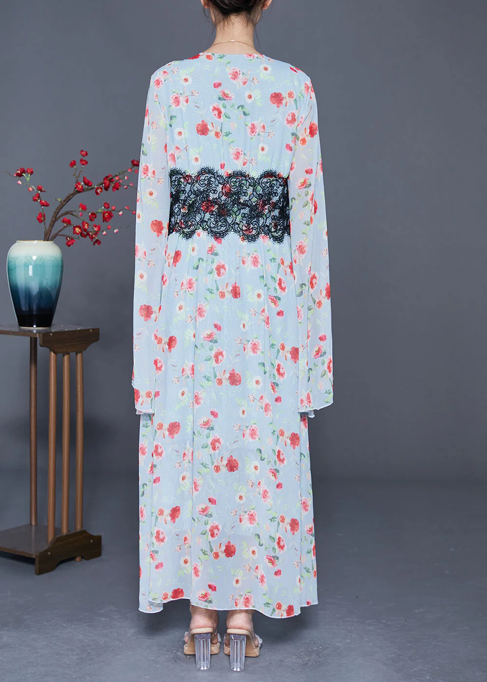 Art Light Blue Print Patchwork Lace Exra Large Hem Chiffon Beach Dress Flare Sleeve - Image 4