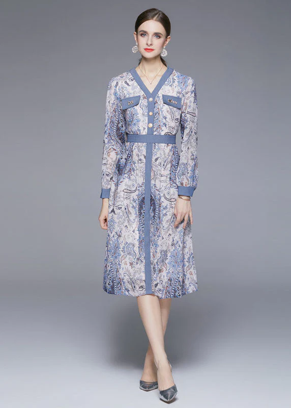 Art Light Blue V Neck Print Chiffon Vacation Dresses Fall
