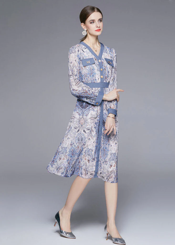 Art Light Blue V Neck Print Chiffon Vacation Dresses Fall - Image 2