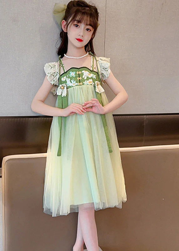 Art Light Green Embroideried Tassel Tulle Kids Maxi Dress Short Sleeve - Image 2