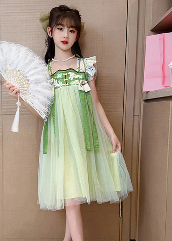 Art Light Green Embroideried Tassel Tulle Kids Maxi Dress Short Sleeve - Image 3