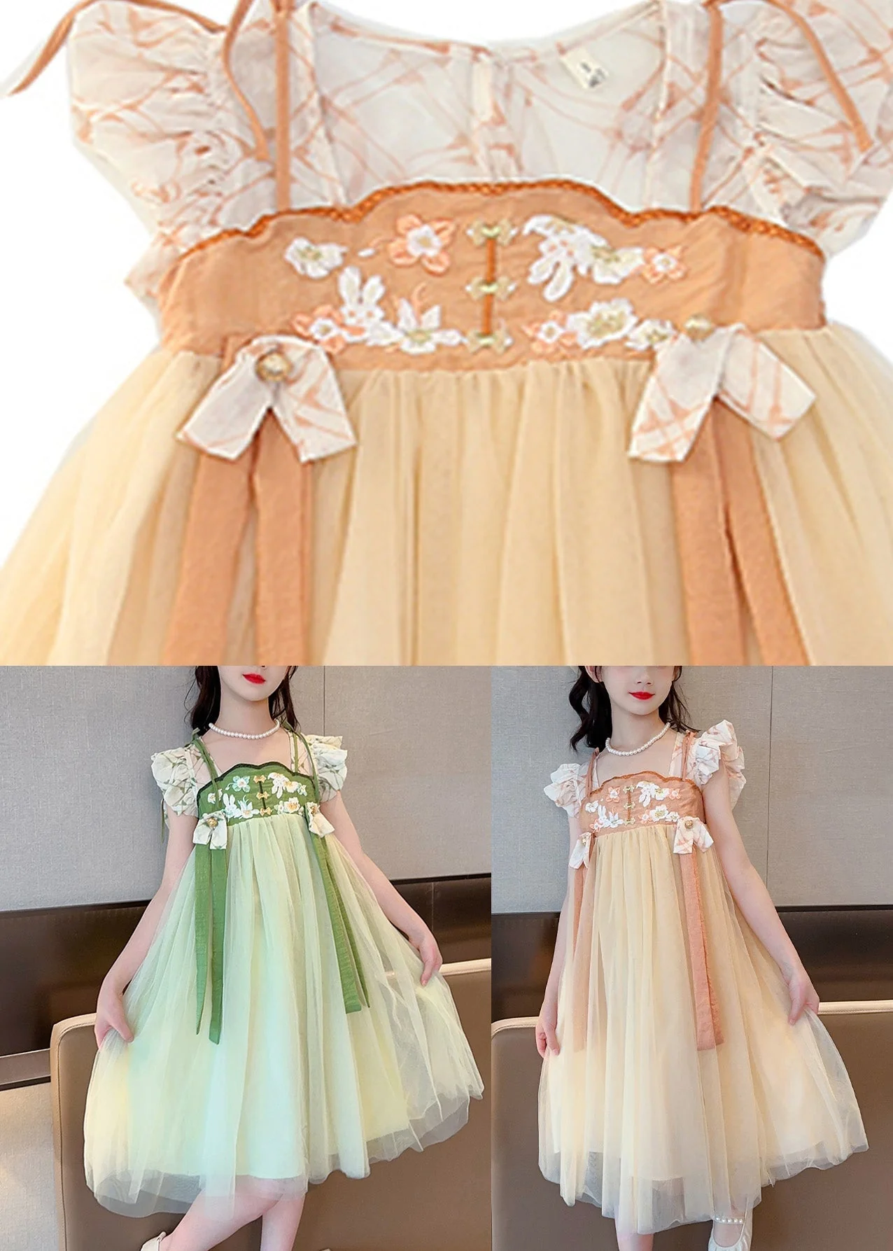 Art Light Green Embroideried Tassel Tulle Kids Maxi Dress Short Sleeve - Image 5
