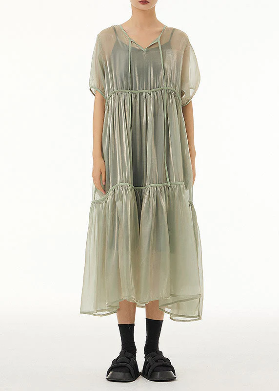 Art Light Green Oversized Lace Up Tulle Dress Women Sets 2 Pieces Summer