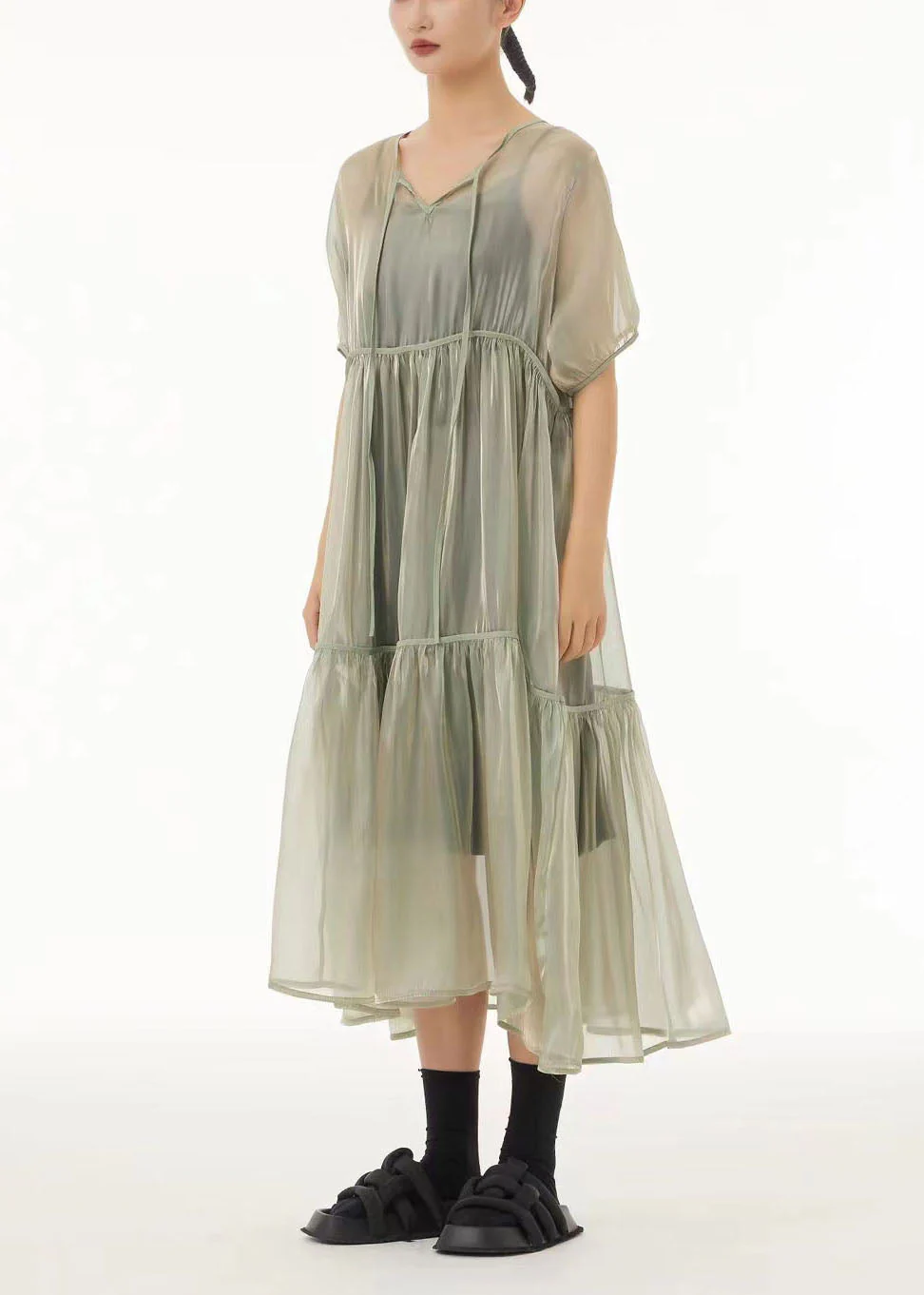 Art Light Green Oversized Lace Up Tulle Dress Women Sets 2 Pieces Summer - Image 2