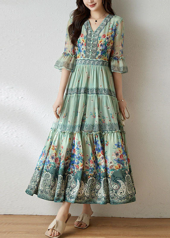 Art Light Green V Neck Ruffled Print Silk Long Dress Flare Sleeve - Image 2
