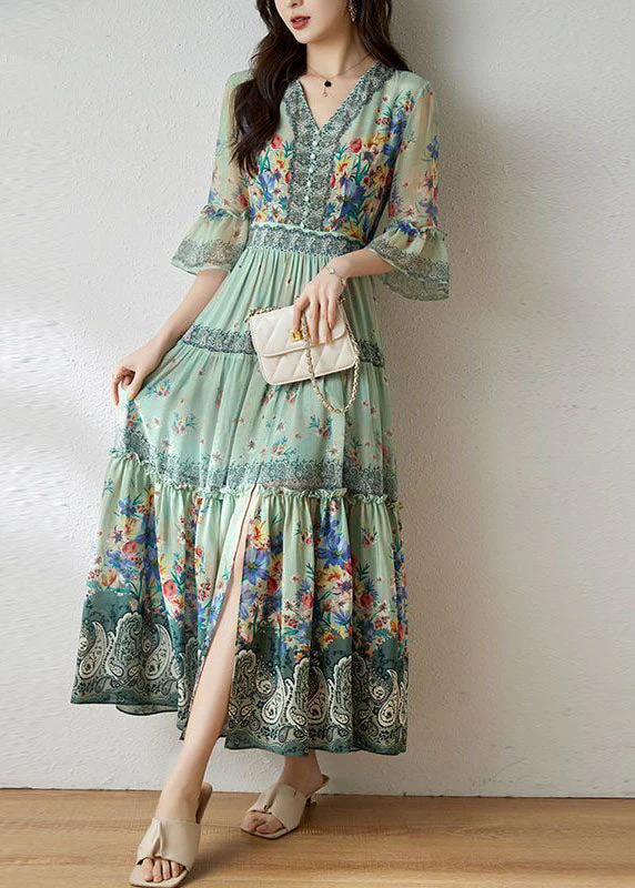 Art Light Green V Neck Ruffled Print Silk Long Dress Flare Sleeve - Image 3